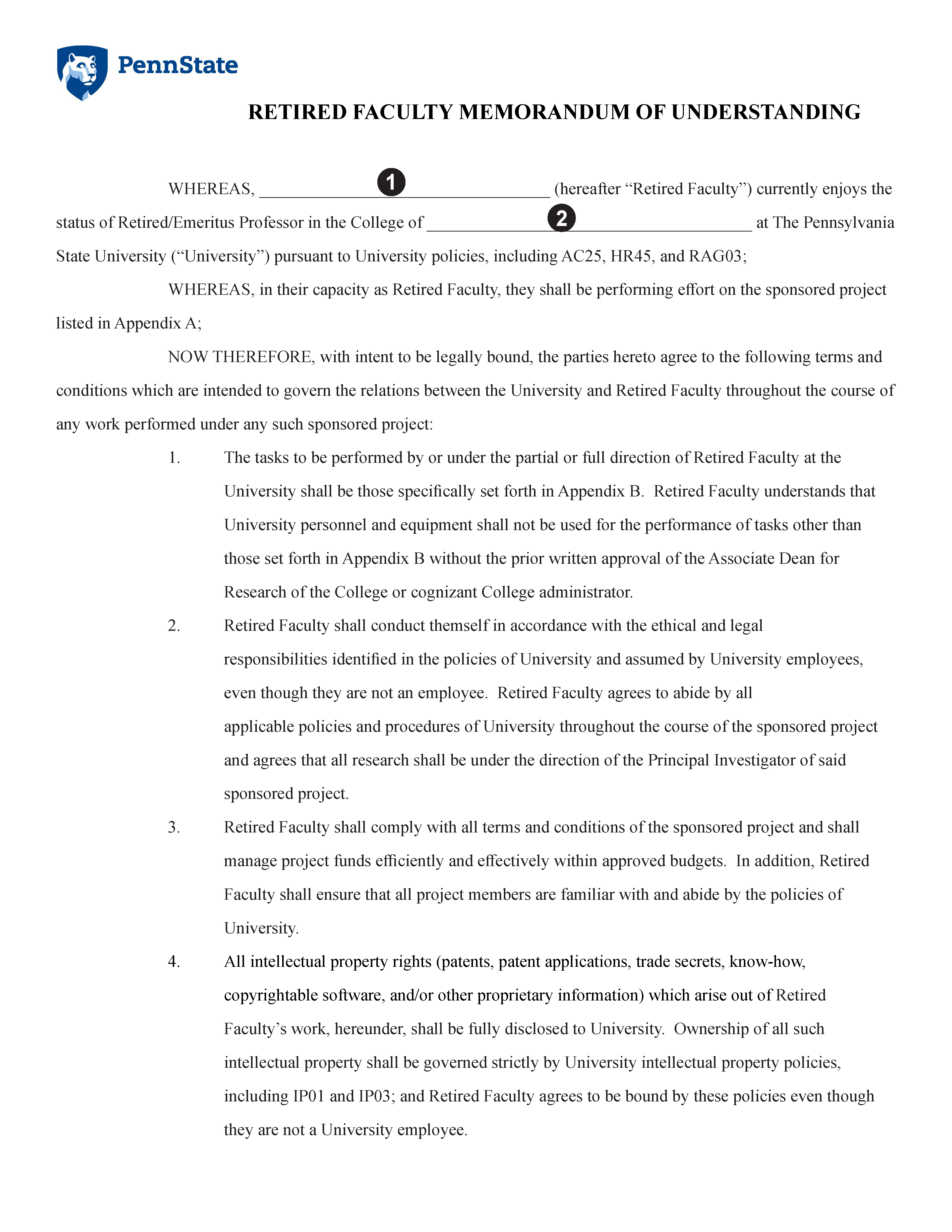 Image of Retired Faculty Memorandum of Understanding Page 1